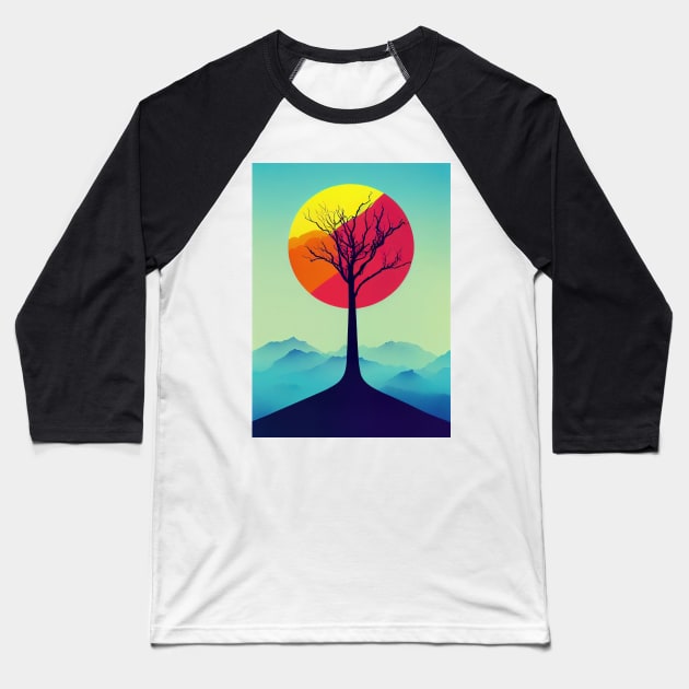Lonely Tree in Misty Mountains at Dusk Vibrant Colored Whimsical Minimalist - Abstract Minimalist Bright Colorful Nature Poster Art of a Leafless Branches Baseball T-Shirt by JensenArtCo